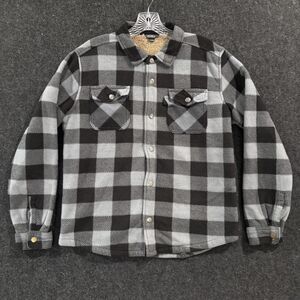 Eddie Bauer Jacket Kids 14/16 Black Gray Plaid Faux Sherpa Lined Snap Fleece